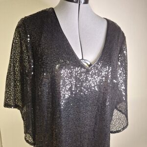Roz & Ali Black Sequin Blouse With Bell Sleeves Size Large